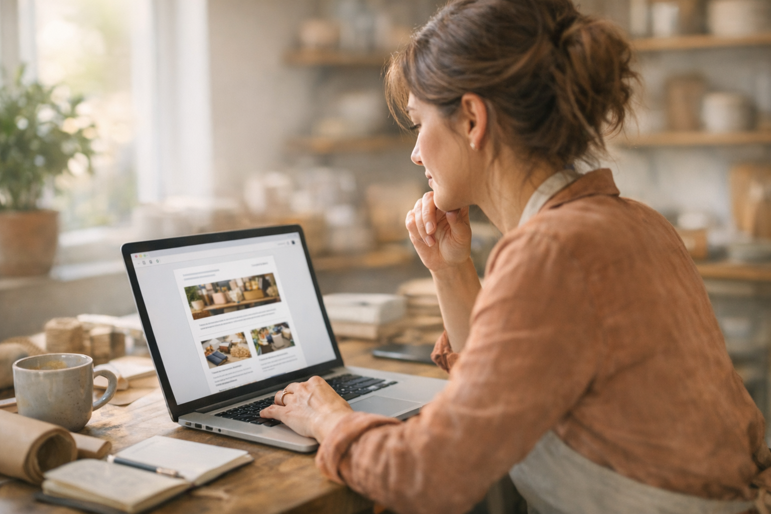 Small business owner at a laptop planning her first email marketing campaign
