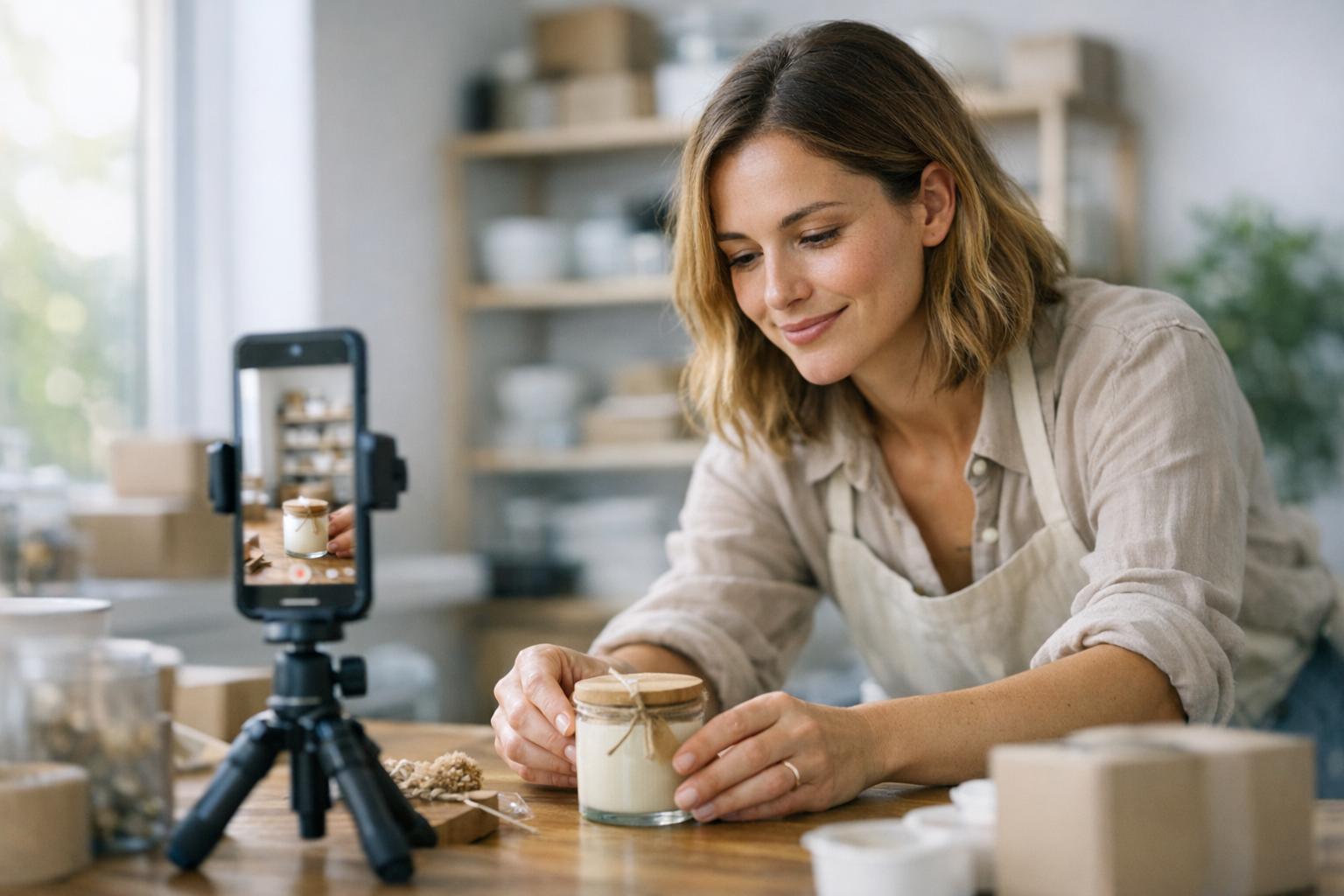 Small business owner recording a vertical product video on a smartphone for a TikTok ad