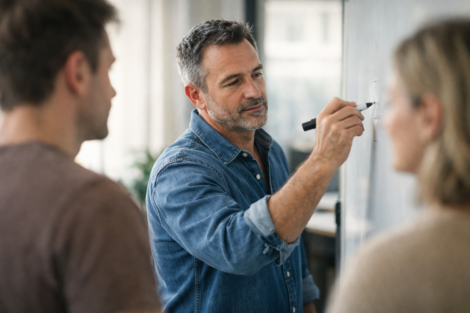 Small business owner noting an employee value proposition at a whiteboard
