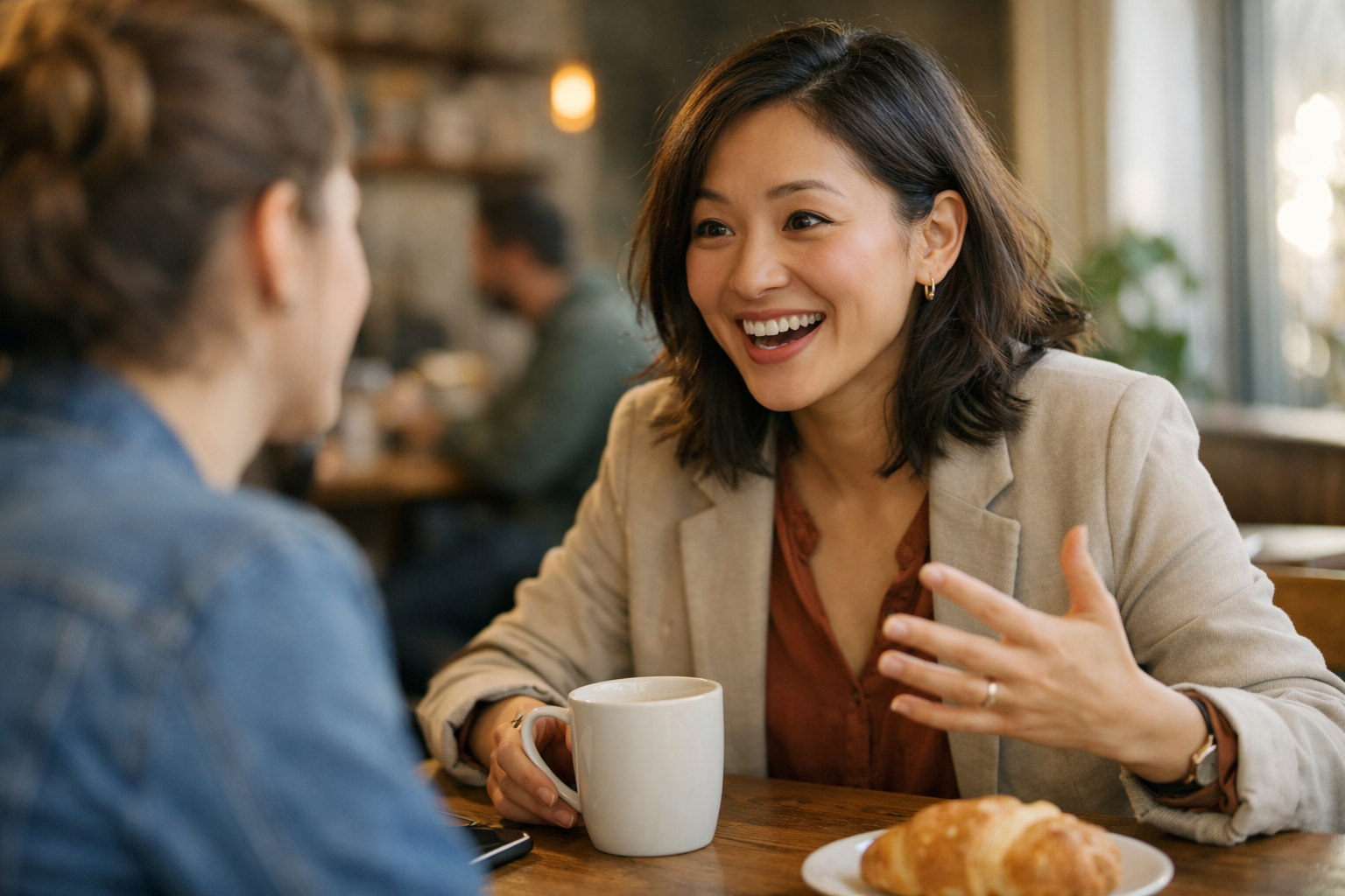 Employee enthusiastically telling a friend about their company over coffee