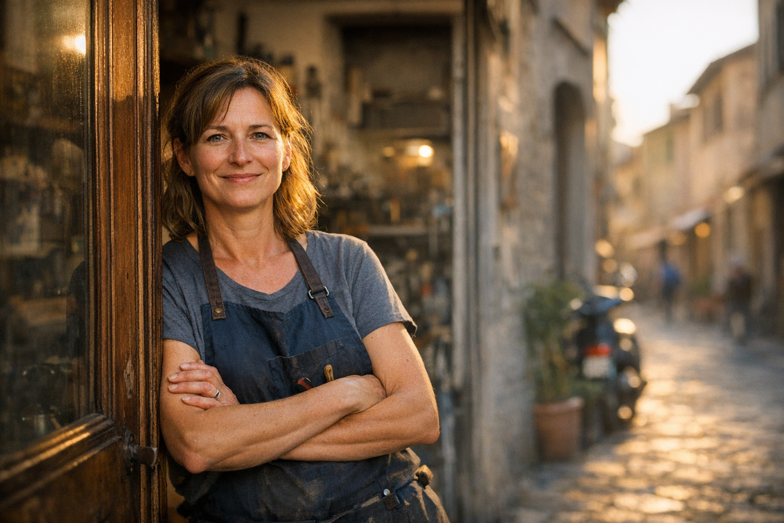 Owner of a small local service business standing in the doorway of their shop on a city street