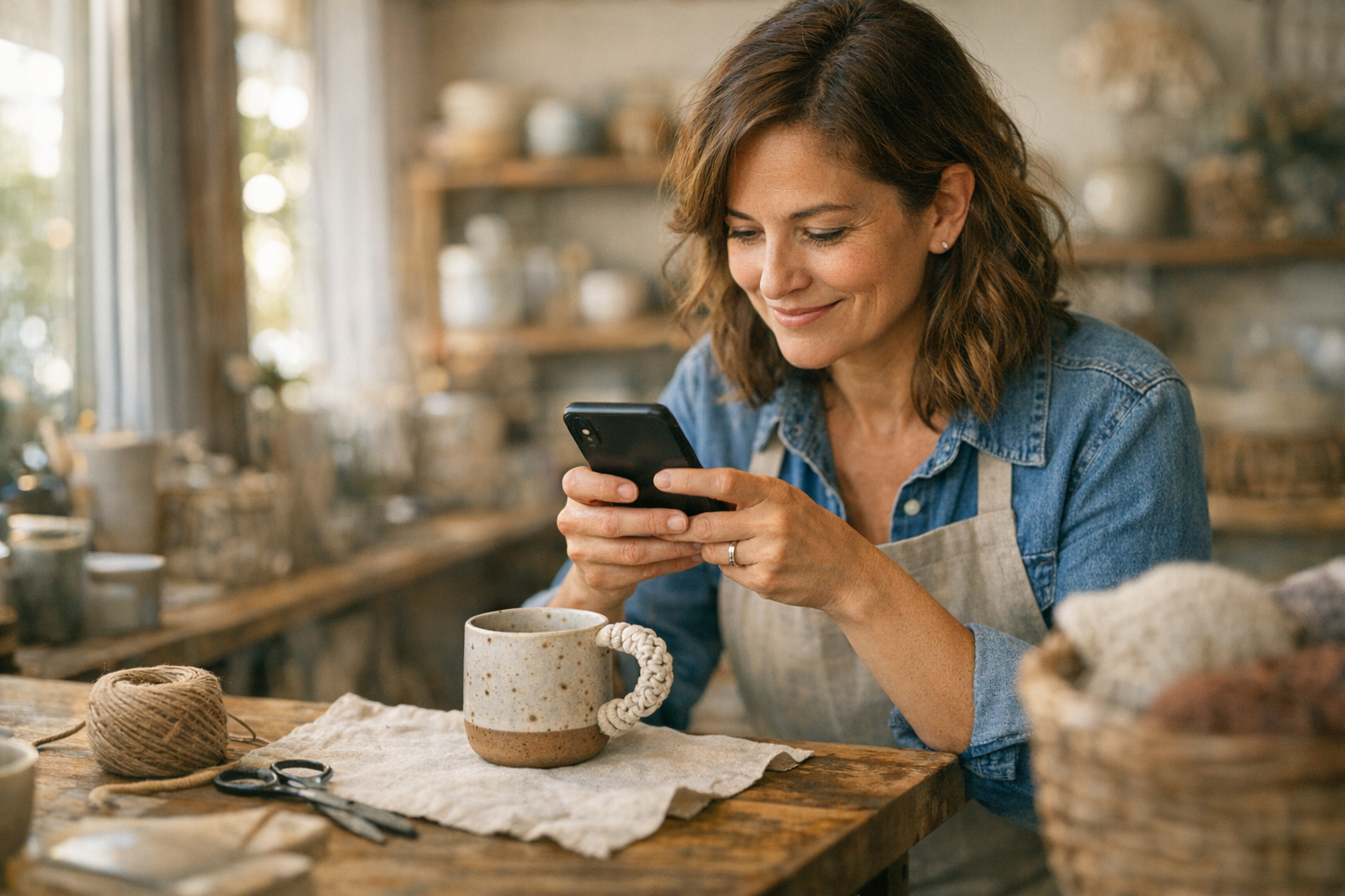 Small shop owner taking a product photo with a phone in natural light