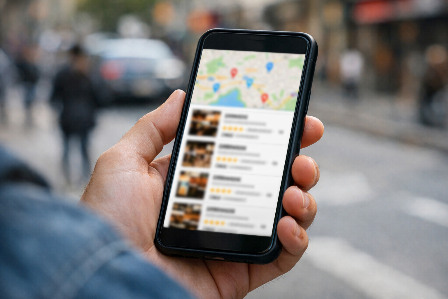 Person on a city street searching for a local business on a smartphone