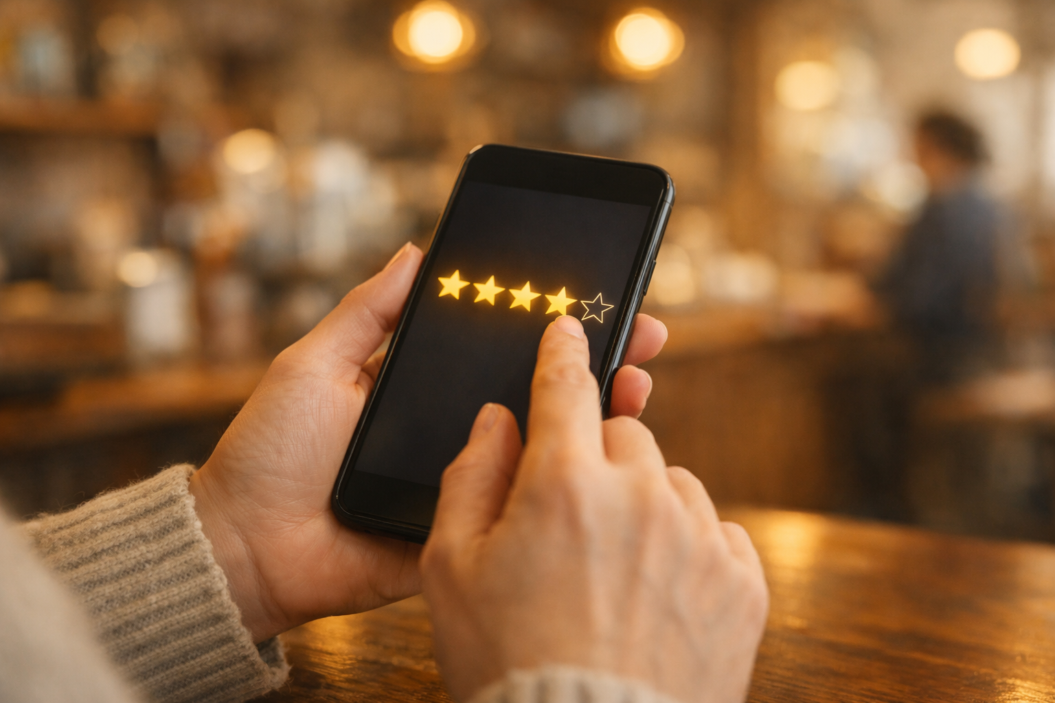 Happy customer leaving a review for a local business on their phone after a visit