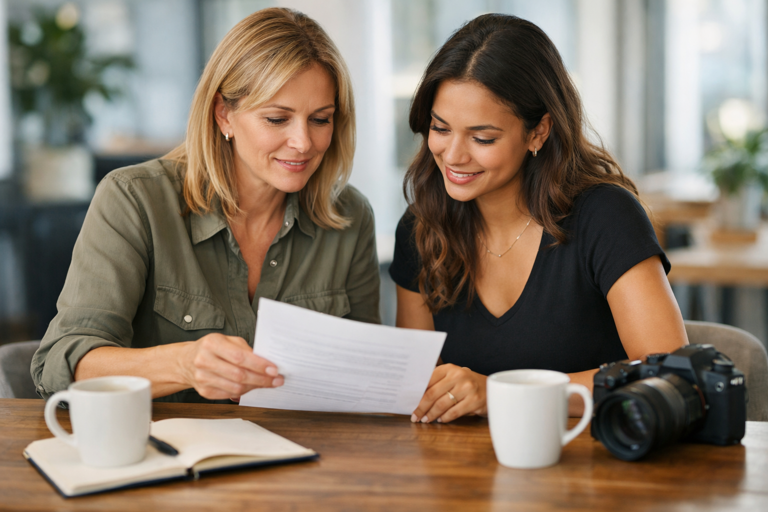 Business owner and creator discussing a collaboration agreement at a table