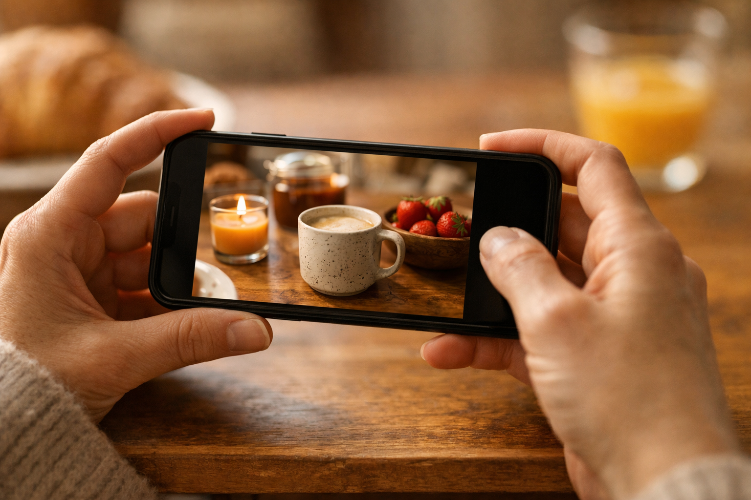 Hands holding a phone showing a product photo taken by a customer at a kitchen table