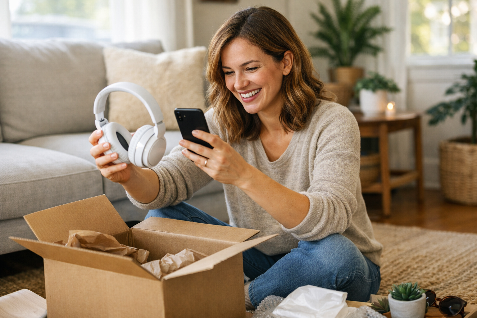 Happy customer photographing an unboxed product with her phone in a home interior